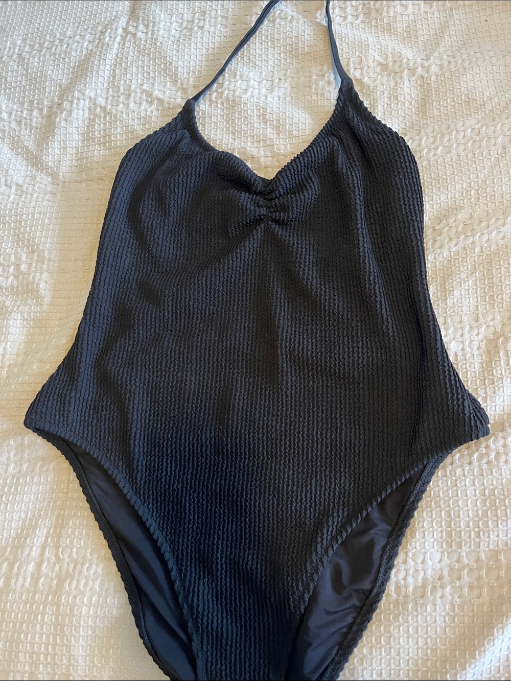 aerie Black Textured Halter One-Piece Swimsuit